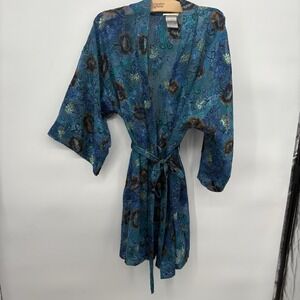 Vintage Inner Most Teal Blue Sheer Floral Knee Length Short Robe Size Medium-25A